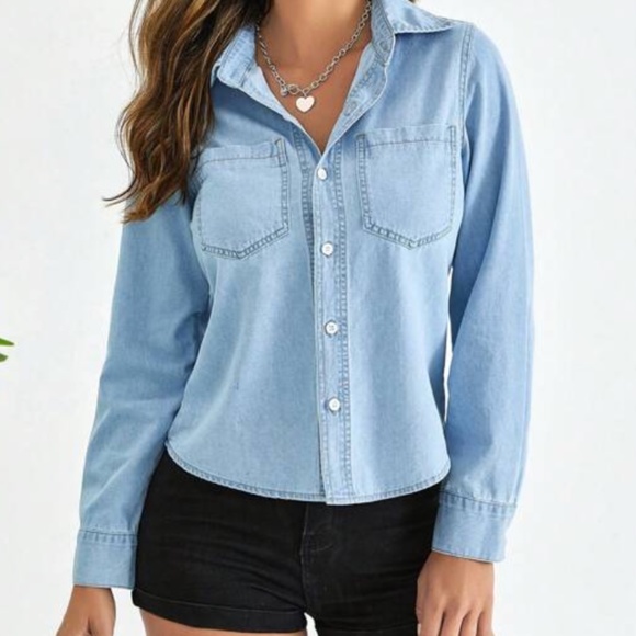 Light Wash Chambray Denim Button Down Top - Picture 1 of 4